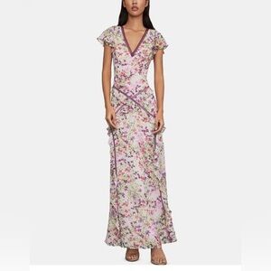 BCBGMAXAZRIA Womens Maxi Dress Size 2 Chiffon Botanical Print V neck Ruffle